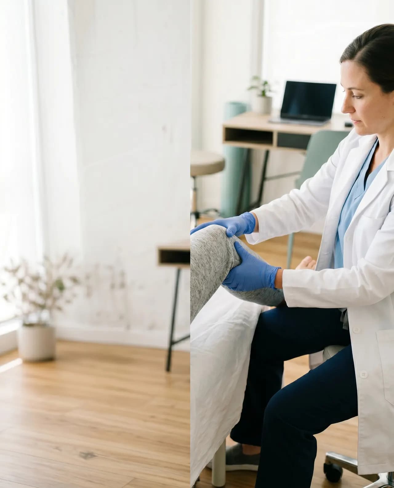 Fisiatra evaluando una articulación durante consulta