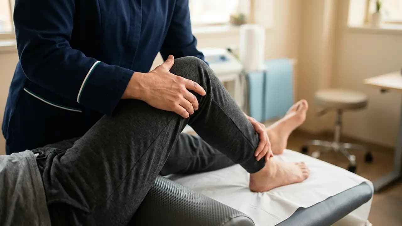 Médico fisiatra acompañando una evaluación funcional de rodilla en consulta